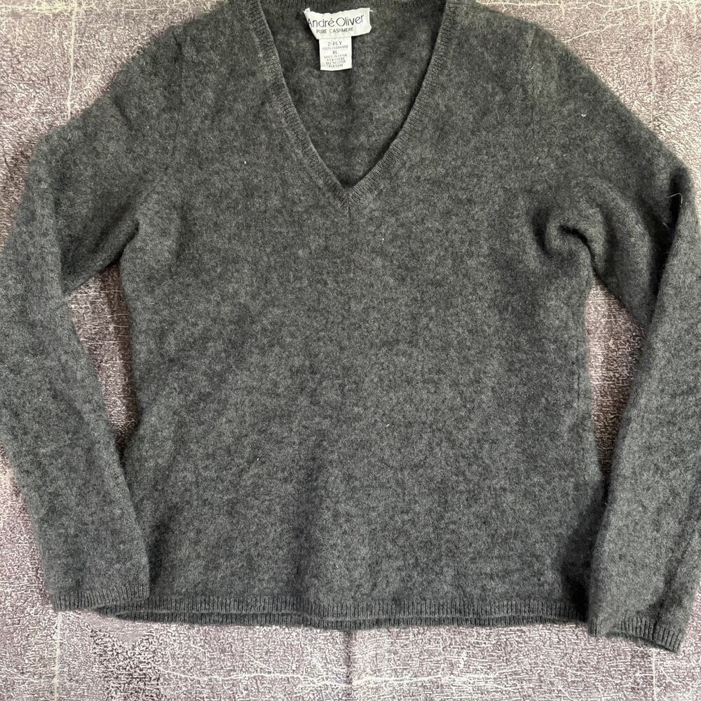 Women's Andre Oliver Dark Gray 100% Cashmere Gray Pullover V Neck Sweater Sz S